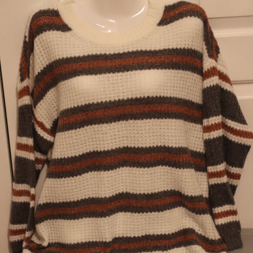 Pink Lily Stripped Oversized Long Sleeve Sweater Size Small Cream/Grey/Brown